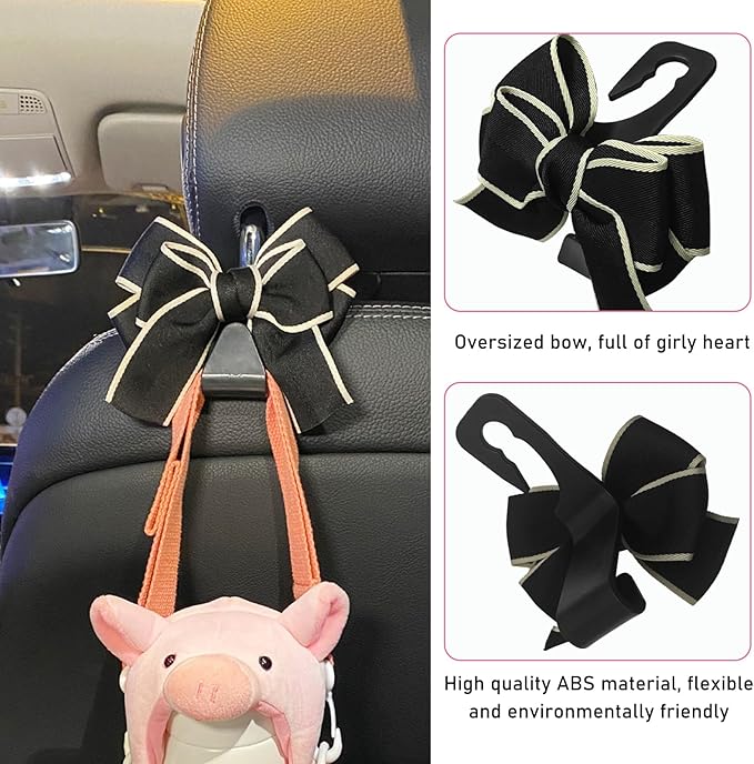 2 PCS Car Seat Headrest Hook, Cute Bow Knot Auto Seatback Hanger Storage Organizer, Vehicle Back Seat Hanging Hooks for Purse Coat Umbrella, Interior Decor Car Accessories (Black)