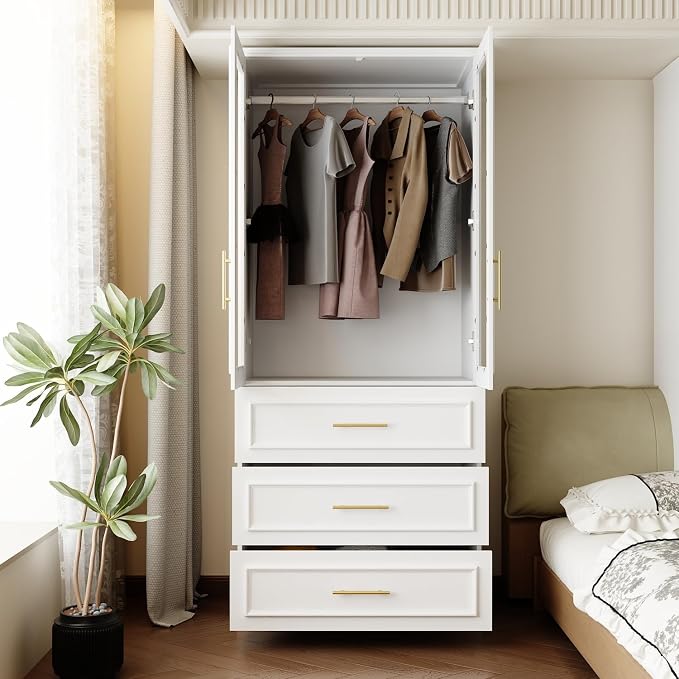 FUFU&GAGA Wardrobe Closet with Glass Doors, 3 Drawers, Modern White Bedroom Armoire with Gold Handles, Modern Clothes Storage Cabinet with Shelf, Hanging Rod, 31.7”W x 19.3”D x 74.8”H