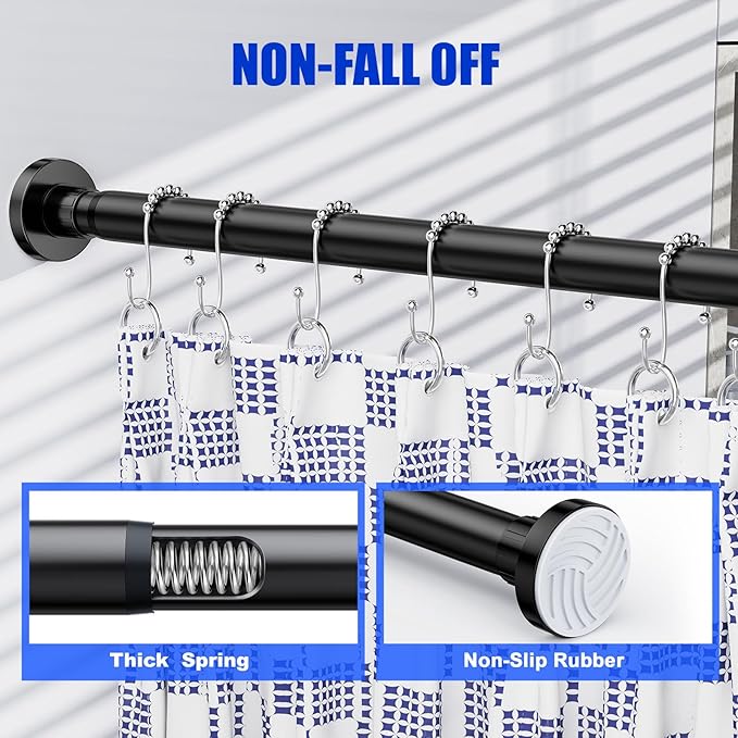 Ausemku Shower Curtain Rod 32-65 Inch Adjustable - 1 Inch Diameter Heavy Duty No drill Spring Tension Shower Rod, Non-Slip Rustproof Telescopic Rod for Bathroom, Black