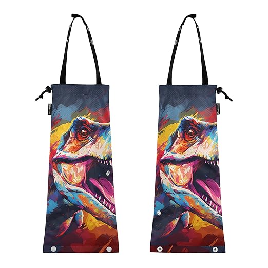 ALAZA Hanging Car Trash Bags Garbage Bag Trash Can for Back Seat Small Dinosaur Multicolor Washable Storage Bag Retractable 2 Pack