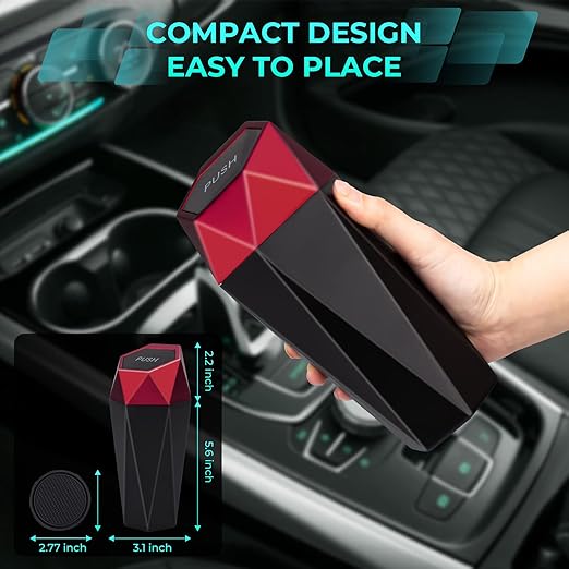 Car Trash Can with Lid, Diamond Design Mini Cup Holder Garbage Bin, Portable Automotive Waste Container for Office Home Use, Red