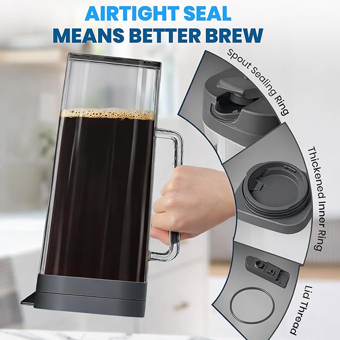 SlimFit 64oz Cold Brew Coffee Maker, Leakproof and fits for fridge door, Ergonomic Handle - BPA-Free Plastic with filter, Large 2L capacity, Black (1), Iced Tea Pitcher, Fruit Infused Filter Pitcher