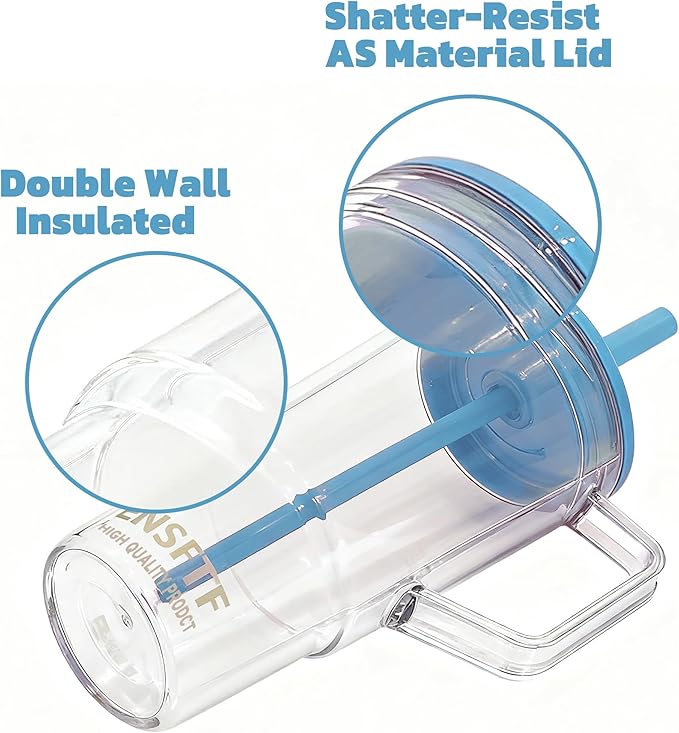 40oz Insulated Blue Tumbler with Handle and Lid & Straw, Reusable Travel Mug for Clod and Hot Drinks, Double-Wall Plastic Water Bottle,Crystal-Clear,Car Cup Holder Fit, Leakproof,BPA-Free