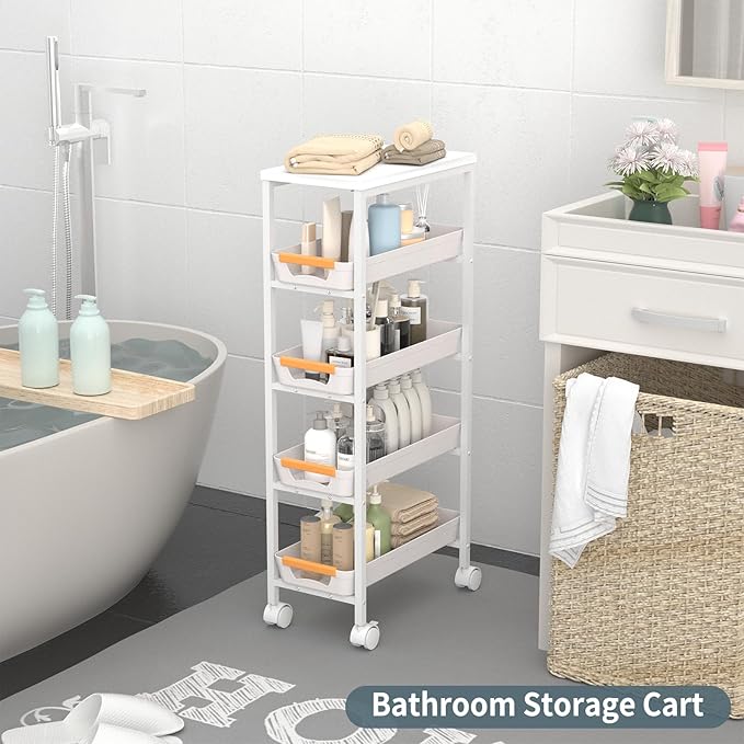 5 Tier Slim Rolling Utility Cart with Drawers Pull-Out Design Slim Storage Cart with Metal Frame and Wooden Top for Narrow Space in Home Kitchen Bathroom White (Width 8.1 Inches)