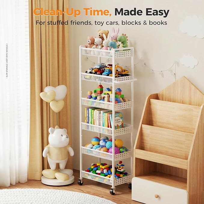 6 Tier Slim Storage Cart with Wheels, 10" D Rolling Storage Cart for Small Space, Metal Narrow Spice Cabinet Mobile Shelving Unit Organizer with Handle for Kitchen, Laundry - White