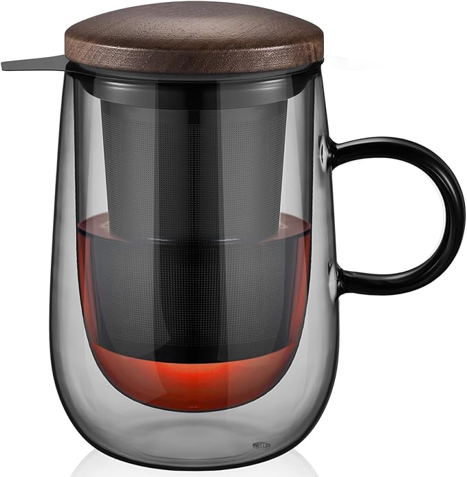 glastal Tea Infuser Mug 14.5oz Glass Tea Cup with Removable Stainless Steel Infuser and Lid, Double-walled Black Glass Tea Cup Teacup for Loose Leaf Tea, Birthday for Parents Dad Mum Friends Office