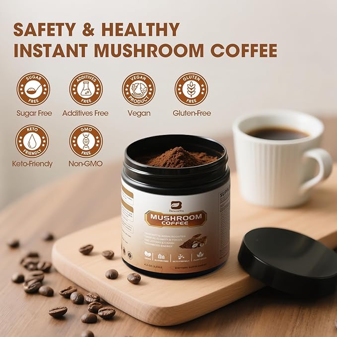 Mushroom Coffee Powder with MCT Oil - 10 Mushrooms Lion's Mane, Turkey Tail, Reishi, Cordyceps & Chaga - Arabica Instant Mushroom Coffee for Focus, Immune, Gut & Brain Health | Vegan, Keto