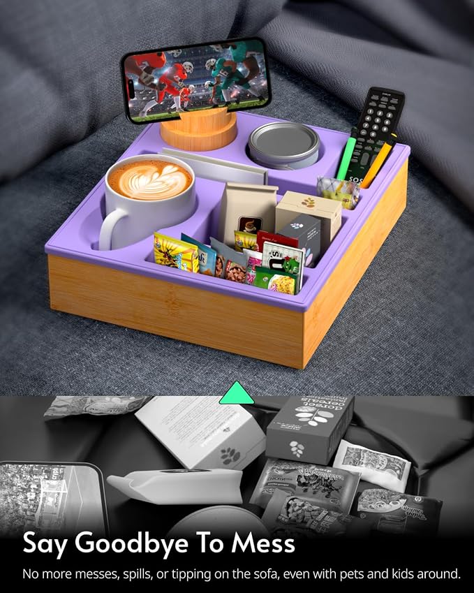 Couch Cup Holder Tray - Couch Organizer Caddy, Silicone Beach Caddy with Cup Holder, Sofa and Bed Drink Holder and Couch Tray Table for Snacks Beverage Remote (Purple)