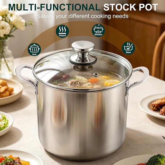 P&P CHEF 10 Quart Stainless Steel Stock Pot with Lid, Large Stockpot for Cooking Pasta Soup, Cookware for Induction Gas Electric Stoves, Visible Lid & Measuring Markings, Dishwasher Safe