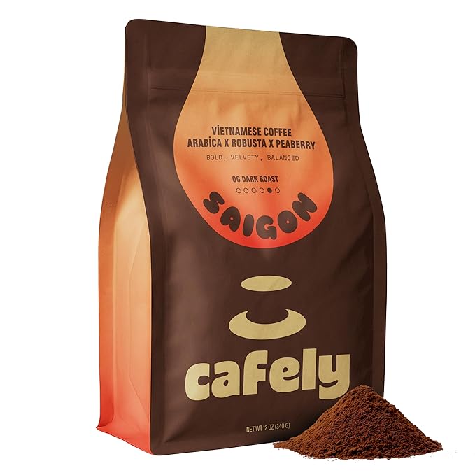 Cafely Vietnamese Awakening Coffee Trio - Ground Coffee Variety Pack (BanMe Peaberry, Hanoi Robusta, Saigon Blend) - Dark Roast, High Caffeine, Low Acid, Direct Trade, For French Press - 3x12oz