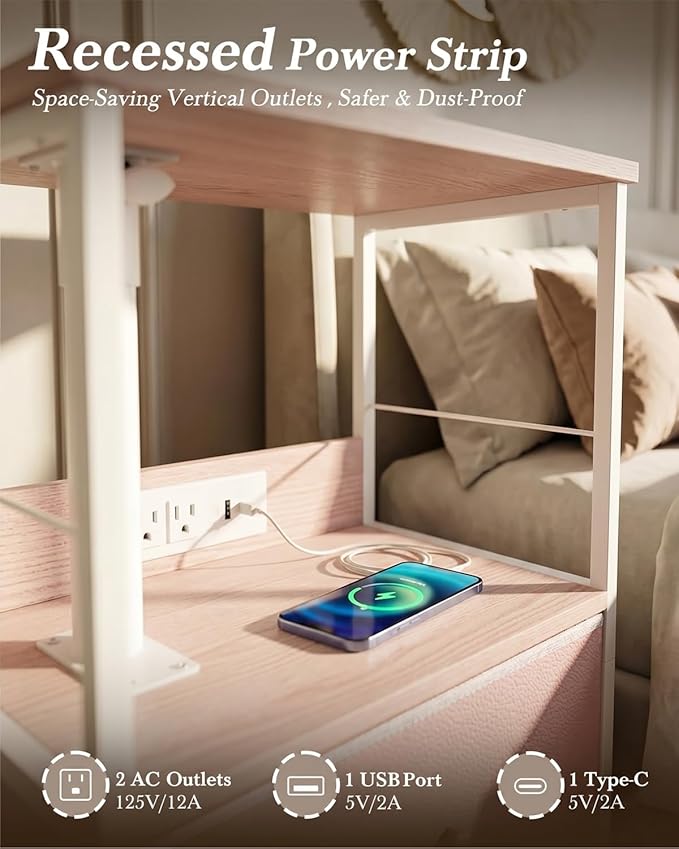 Faesun Swivel Lift Top Nightstand with Charging Station, Rolling Side Table for Recliner, Bedside Table with Wheels & a Fabric Drawer, for Small Spaces, for Bedroom, Living Room, Pink