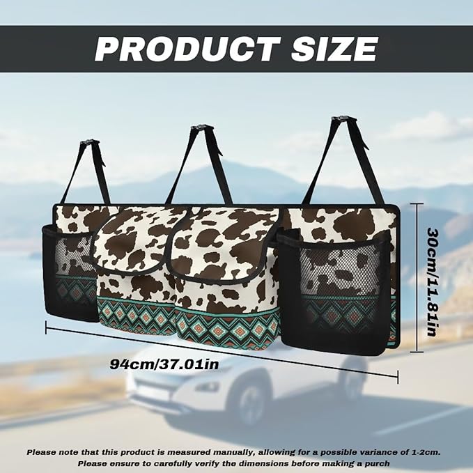SEANATIVE Cow Ethnic Tribal Back Seat Trunk Organizer Hanging Car Organizer Trunk Foldable Cargo Storage with 4 Large Pockets 3 Adjustable Straps Car Interior Accessories 37.01x11.81inch
