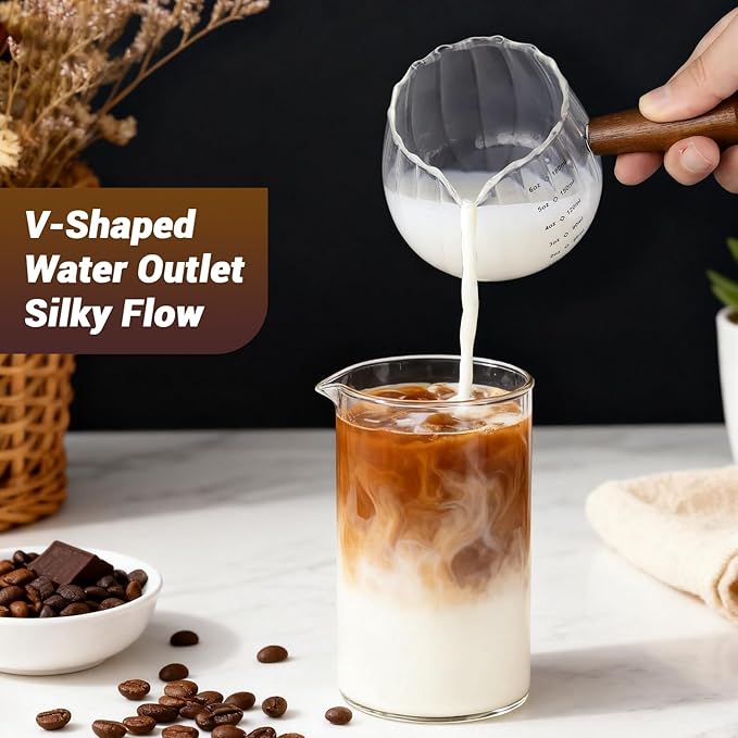 Espresso Cups 6 Oz, Espresso Measuring Cup with Wood Handle, Milk Frothing Cup, Glass Measuring Cup for Coffee, Milk, Tea or Maple Syrup Serving