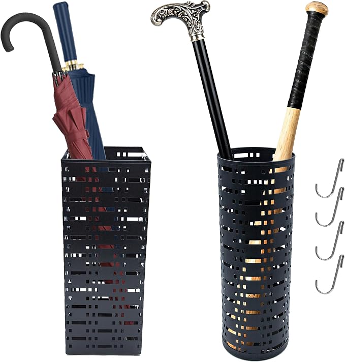 2 Pack Metal Umbrella Stand for Indoor Entry, Entryway Umbrella Holder Rack with 4 Hooks, 16.5" tall Freestanding Umbrella Storage Organizer (Square + Round)