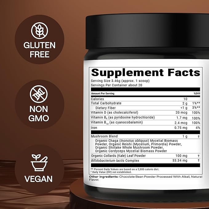 Instant Mushroom Powder 10:1 – Cordyceps Mushroom Supplement with Reishi, Chaga & Shiitake – Caffeine-Free Nighttime Drink with B6, B12, D + Probiotics Mushroom Cacao Organic Blend (No Sweetener)