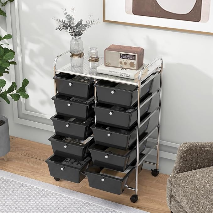 LDAILY 10 Drawer Rolling Cart, Storage Cart Organizer on Wheels, Drawer Cart with Metal Frame & Large Storage Capacity, Rolling Cart with Drawers for Living Room Classroom, Office