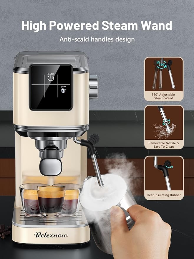 Espresso Machine, 20 Bar Espresso Maker Milk Frother & LCD Panel, Hot & Iced Coffee Machine, Stainless Steel Espresso Coffee Machine with 41oz Water Tank for Cappuccino, Latte