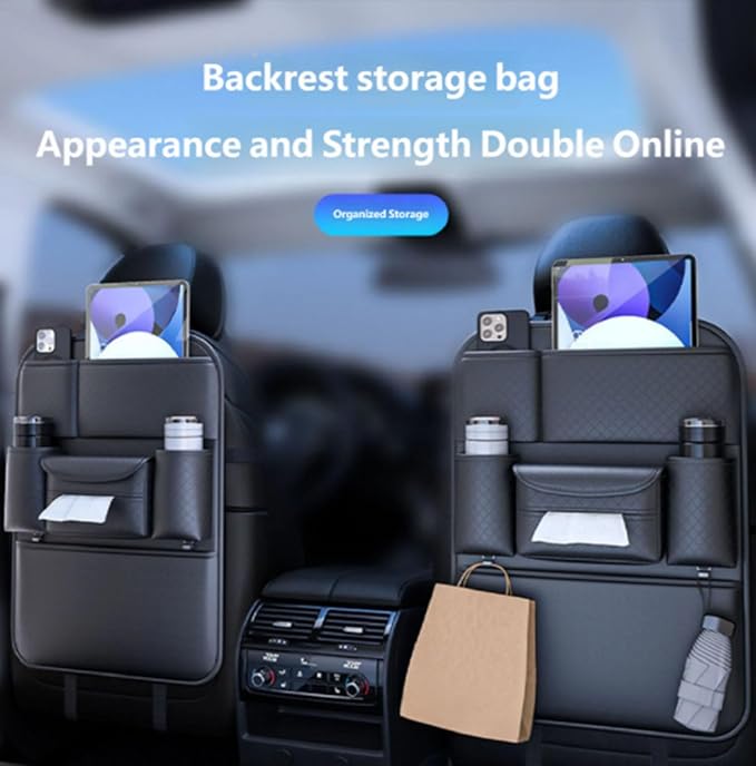 Car Seat Back Storage Bag for Ram ProMaster 2015-2025 2026 Back Seat Organizer with Cup Holder Tissue Box Kick Mat Protector Interior Accessories,portabotellas Doble Negro