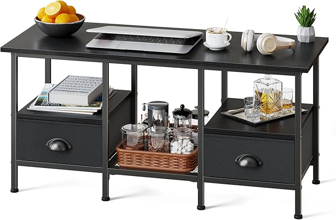 Furologee 35" Coffee Table with 2 Storage Drawers, Small Coffee Tables for Living Room, Modern Center Table with 2 Tier Shelf, Black