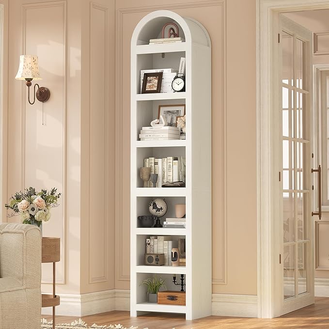 UPOSOJA 76" Tall Narrow Arched Bookcase,7-Teir Mid-Century Modern Bookshelf,Adjustable Shelves offering More Storage Space for Living Room,Kitchen,Home Office(Antique White, Narrow)