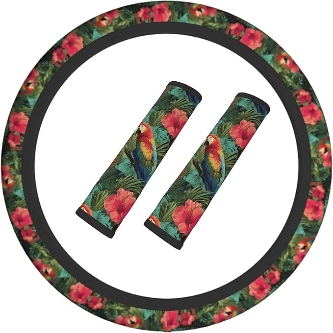 Tropical Floral Steering Wheel Cover Elastic Non-Slip Car Steering Wheel Covers with Seat Belt Shoulder Pad for Women Men