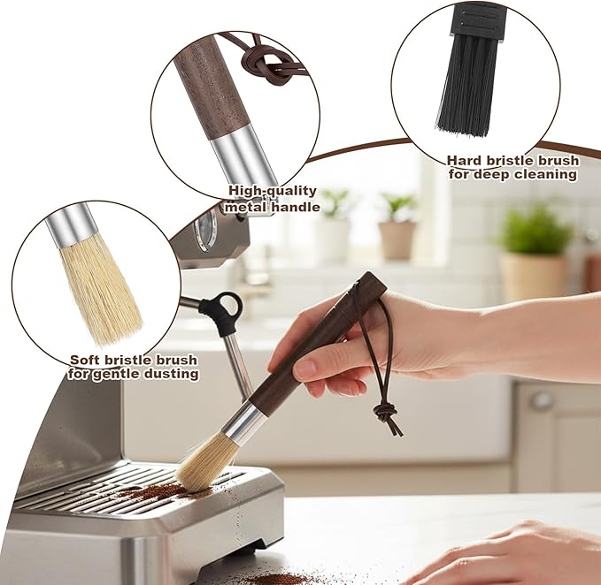 3Pcs Coffee Grinder Cleaning Brush Set, Espresso Machine Brush Cleaner Tools with Walnut Wood Handles & Natural Bristle for Barista & Home Kitchen Use, Coffee Grinder Brushes for Coffees Bar Accessory