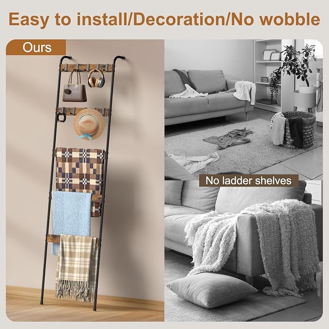 Blanket Ladders for the Living Room 5 Tier Towel Ladder for Bathroom with 10 Removable Hooks Wall Leaning Quilt Rack for Bedroom Display Rustic Farmhouse Home Decor, Rustic Brown