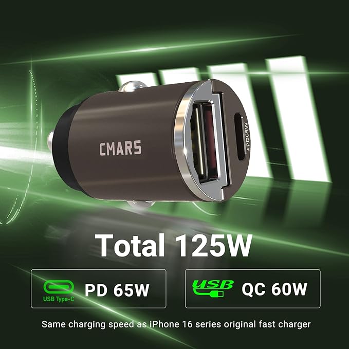 CMARS 125W (PD65W+QC60W) Car Charger USB C/A Plug Outlet, 12-24 Volt Dual Port Fast Charge, Cigarette Lighter Adapter for iPhone 17/16/15/14/13/12/Pro/Max, MacBook/iPad/Samsung/Other Android Devices