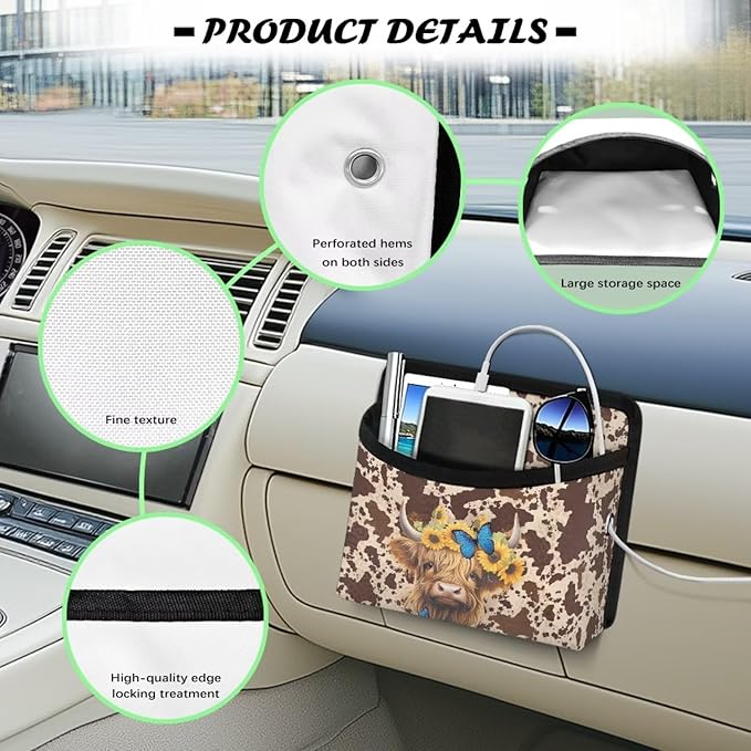 Highland Cow Universal Car Side Pocket Organizer, Car Pocket Pouch for Cars Seat, Door, Window, Console, Multifunctional Cars Organizer Accessories for Phone Sunglasses Keys Cards