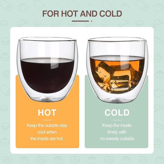 2pcs 8.5OZ/250ml Coffee Glasses Clear Insulated Coffee Mug, Glass Coffee Mug Double Wall Glass Coffee Mugs, Espresso Cup Glass Coffee Cups Double Wall Glass Tumbler For Latte Cappuccino Coffee