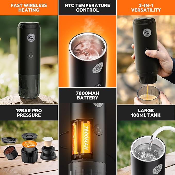 Portable Espresso Maker with Self Heating, 19 Bar Electric Travel Coffee Maker for Camping&Car, 2-in-1 Mini Espresso Machine Compatible with Nespresso Capsules & Ground Coffee, 7800mAh Battery, Black