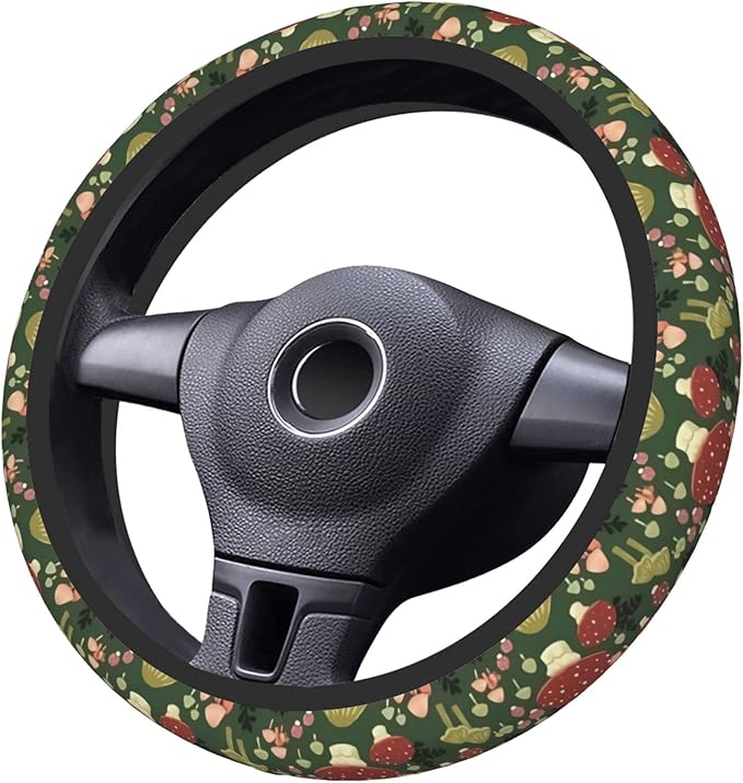 Green Mushrooms Steering Wheel Cover for Women Men Girls, Universal 15 Inch Anti Slip Steering Wheel Protector Car Accessories Interior for Auto Truck SUV