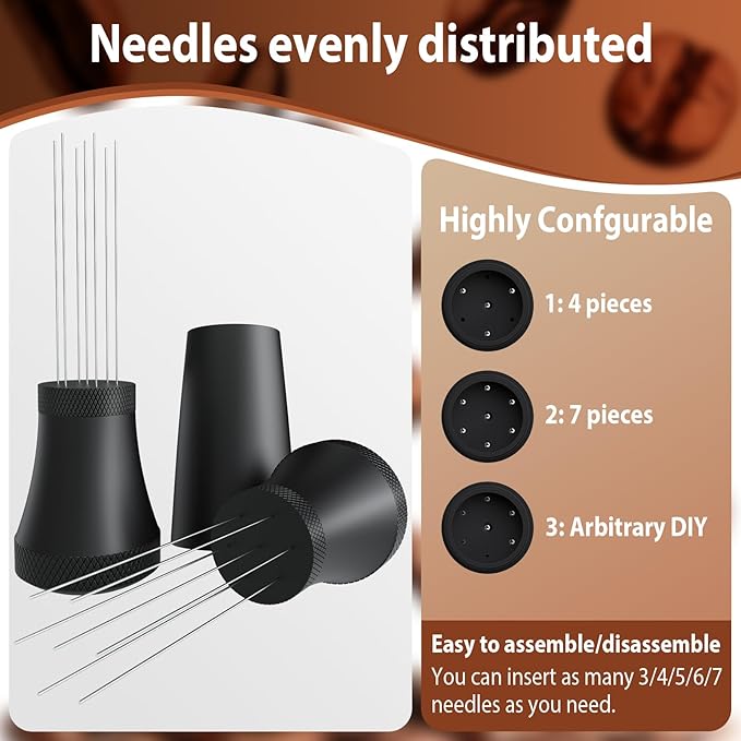 WDT Espresso Distribution Tool Espresso Stirrer Tools for Barista, 0.35mm 7 Needles Espresso Coffee Stirrer with Extra 7 Replaceable Needles, Aluminum Alloy Handle with Stand (Black)