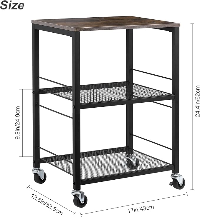 MOOACE Rustic 3 Tier End Table with Wheel,Side Table Nightstand Storage Shelf for Bedroom,Kitchen,Living Room and Office, Stable Metal Frame,Wood Top, Easy Assembly - Brown&Black
