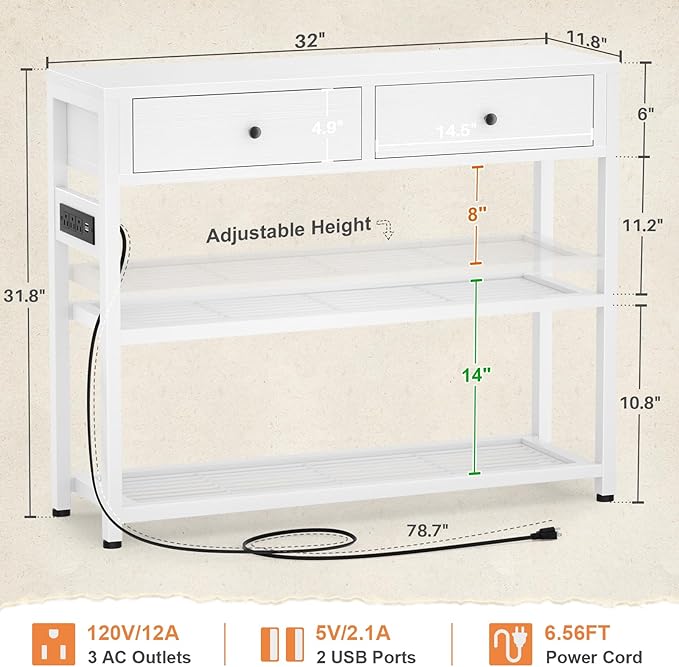 Ecoprsio Entryway Table with Outlets and USB Ports, Console Table with 2 Drawers, Small Sofa Table with Storage Shelves for Living Room, Couch, Hallway, Foyer, Kitchen Counter, 32'', White