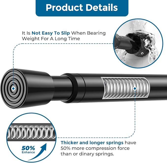 AIZESI 5/8 Inch Spring Tension Curtain Rods - 1-Pack with 2PCS Curtain Rod Holder, 26 to 39 Inch, Black