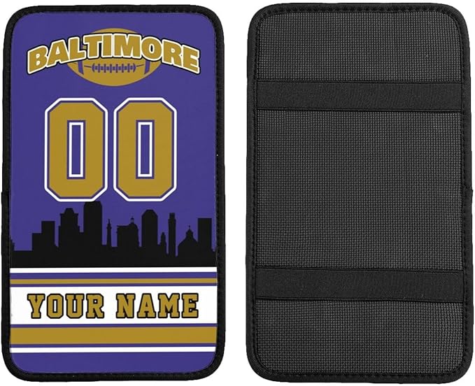Custom Baltimore Car Armrest Covers Personalized Football Style with Name Number Customized Auto Center Console Pad Car Handrail Box Cushion for Most Vehicle Decor Accessories, Fans Gift