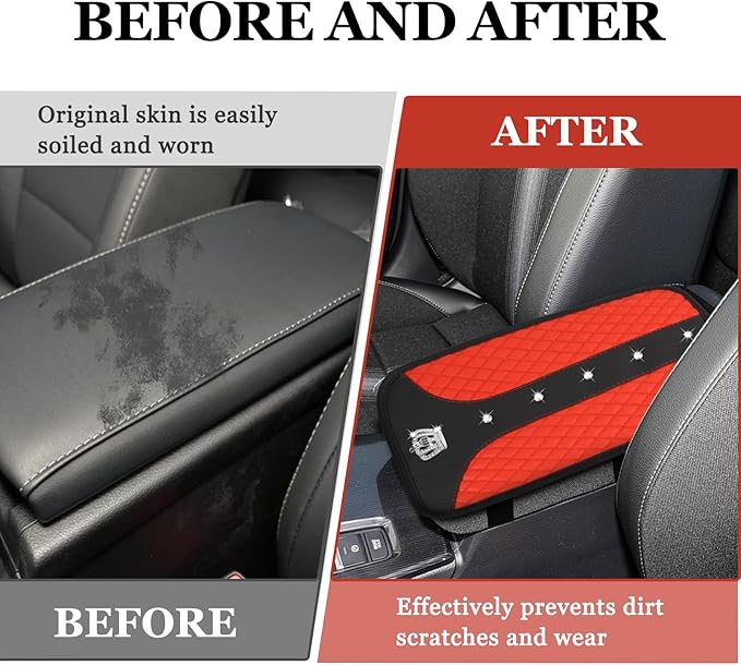 Bling Crown Car Center Console Cover, 12.7"×7.7" Armrest Cover for Cars, Waterproof Leather Arm Rest Box Pad Cushion, Universal Middle Console Cover Protector, Car Accessories (Red)