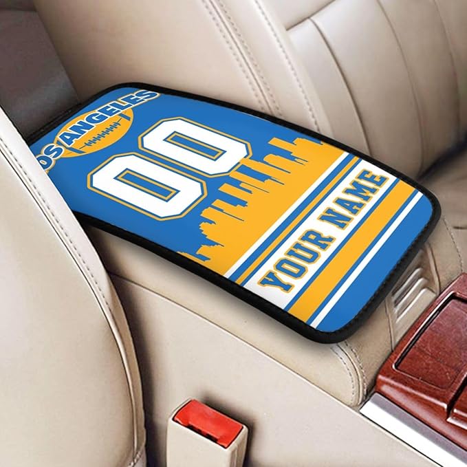 Custom Los Angeles Car Armrest Covers Personalized Football Style with Name Number Customized Auto Center Console Pad Car Handrail Box Cushion for Most Vehicle Decor Accessories, Fans Gift
