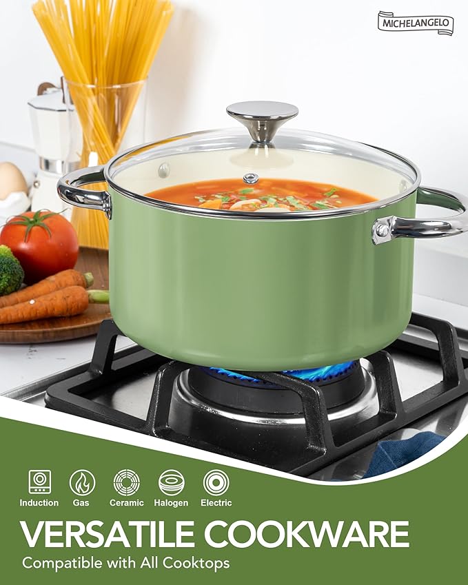 MICHELANGELO Pots and Pans Set Non Stick 8 Piece Ceramic Cookware Set Green | PFAS-Free Green Ceramic Nonstick Cookware Set for Eggs, Fish, Vegetables, Low-Oil Cooking and Induction Ready, Easy Cleanup