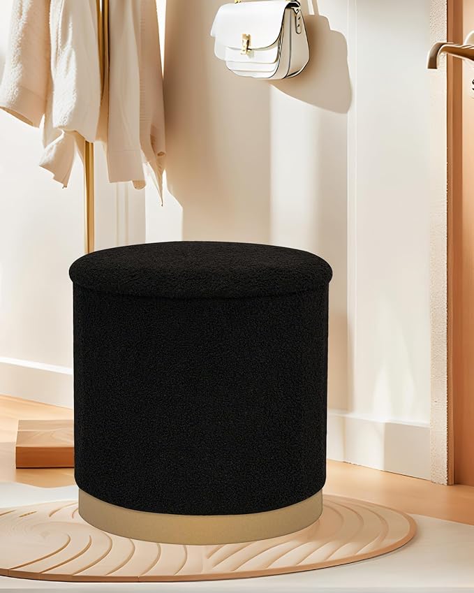 B FSOBEIIALEO Ottoman with Stroage, Round Boucle Storage Ottoman with Gold Plating Base,Foot Rest Stool for Dorm Room, Living Room Black, 16.73"x16.73"x17.72"