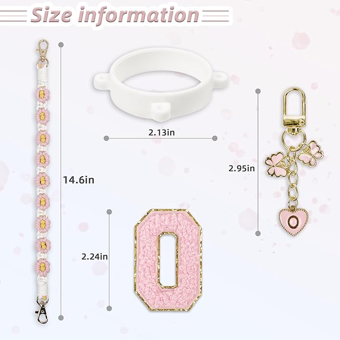 Compatible with Owala Water Bottle Accessories, Cute Letter Charm Set with Boho Handle Strap, Monogram Sticker, Silicone Ring, Keychain Decoration, for FreeSip 24 32 40oz, Owala Kids, Tumbler Gift