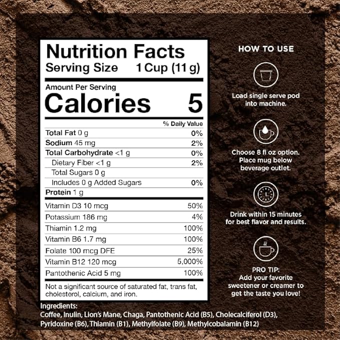 VitaCup Mushroom Coffee Pods, Boost Focus & Immunity w/Lions Mane, Chaga, B Vitamins, D3 for Memory & Clarity, Medium Roast, Single Serve Pod Compatible w/Keurig K-Cup Brewers,32 Ct