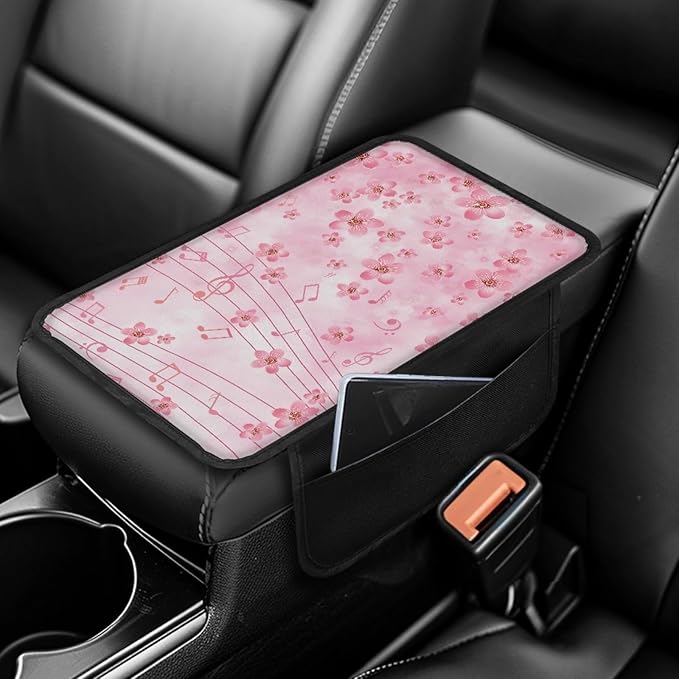 CLOHOMIN Pink Cherry Blossom Center Console Cover for Car Sedan Van Music Note Car Seat Box Cover with Side Pockets Universal Auto Armrest Coverc Accessories