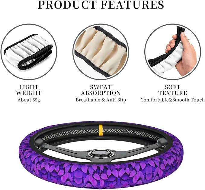 Purple Leaves Car Steering Wheel Cover, 15 Inch Steering Wheel Cover Stylish Decor for Most Cars