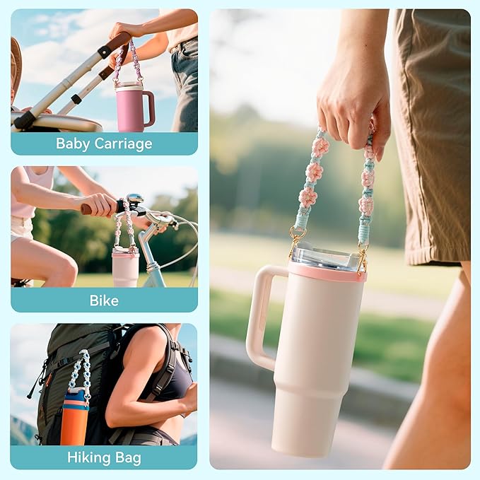 Water Bottle Handle, Hand-Woven Lanyards Silicone Water Bottle Sling, Carrier, Holder with Strap Compatible 8-40oz Stanley Cup Hydroflask Bottle Accessories-Flower Pink