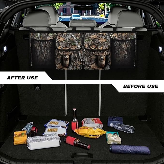 Camo Hunting Deer Car Trunk Organizer, Backseat Hanging Large Storage with Adjustable Straps & 4 Pockets, Waterproof Collapsible Cargo Bag, Car Interior Accessories for SUV, Truck, Van