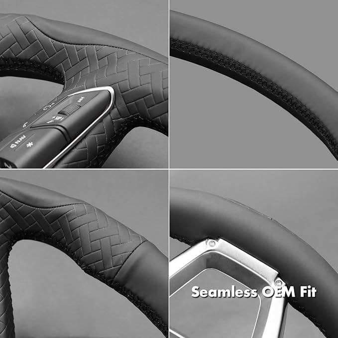 MEWANT Hand Stitch Steering Wheel Cover for Audi A3 S3 2022 A4 Allroad 2017-2021 A4 A5 RS5 S4 S5 2021-2022 Q3 Q8 2019-2022 Q5 SQ5 2018-2022 Q7 2017-2022 Black Embossed Faux Leather Interior Accessory