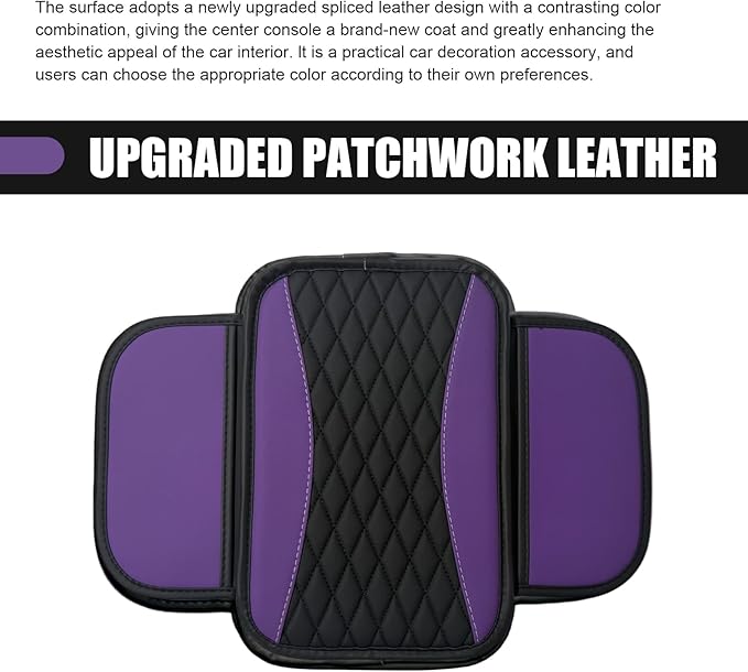 Car Center Console Cover, Upgraded Patchwork Leather Arm Rest Cover with Side Storage Pockets, Comfortable Auto Armrest Protector Cushion, Universal Middle Console Pad for SUV, Sedan (Purple)