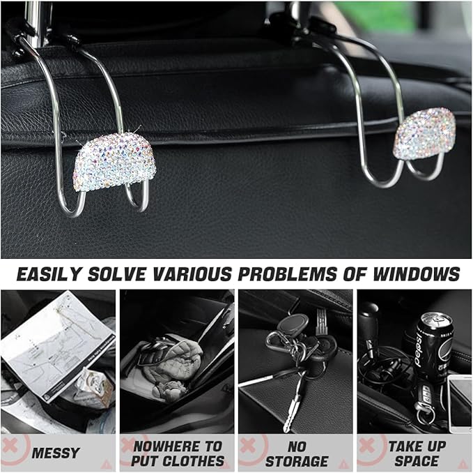 AUCELI Car Headrest Hook, 2 Pack Bling Backseat Organizer Hanger for Purse Clothes Grocery Bag, Rhinestones Auto Headrest Storage Holder, Universal Car Seat Accessories for Most Vehicle (AB)